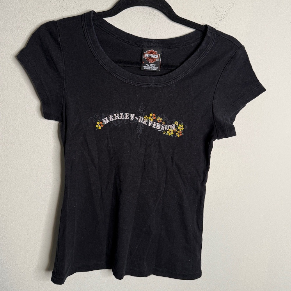 Harley Davidson Women's Small Vintage Black Okinawa Japan Floral Graphic T Shirt